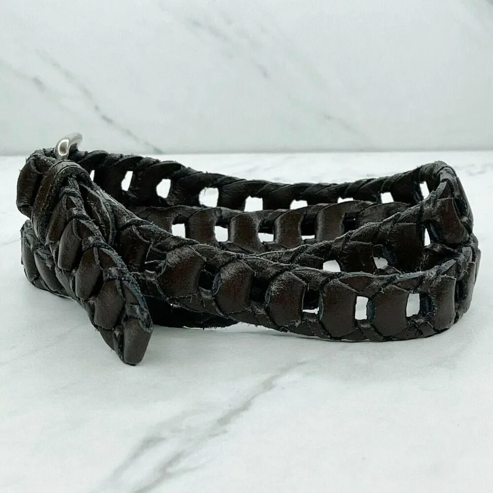 Vintage Brown Woven Leather Belt Silver Buckle Medium (M) ✨